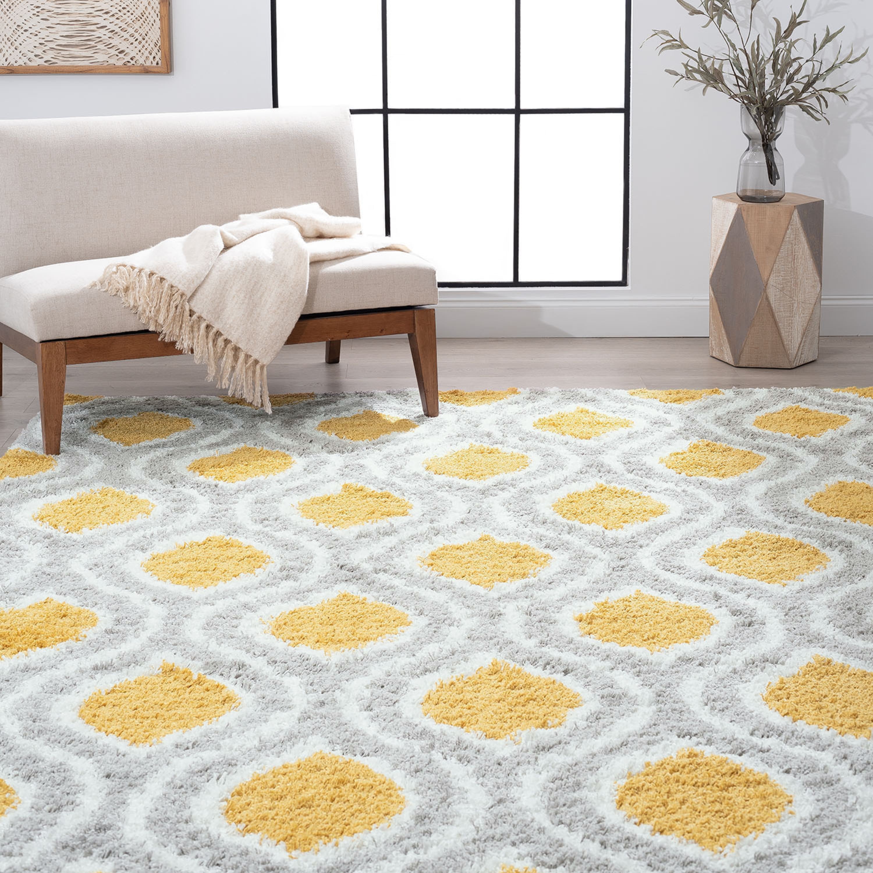 Contemporary 5x8 Area Rug Shag Thick (5'3'' x 7'3'') Geometric Gold, Silver Living Room Easy to Clean