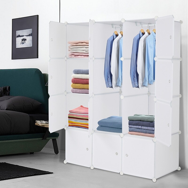 8/12/16/20 Cube Organizer Stackable Plastic Cube Storage Closet Cabinet with Hanging Rod White