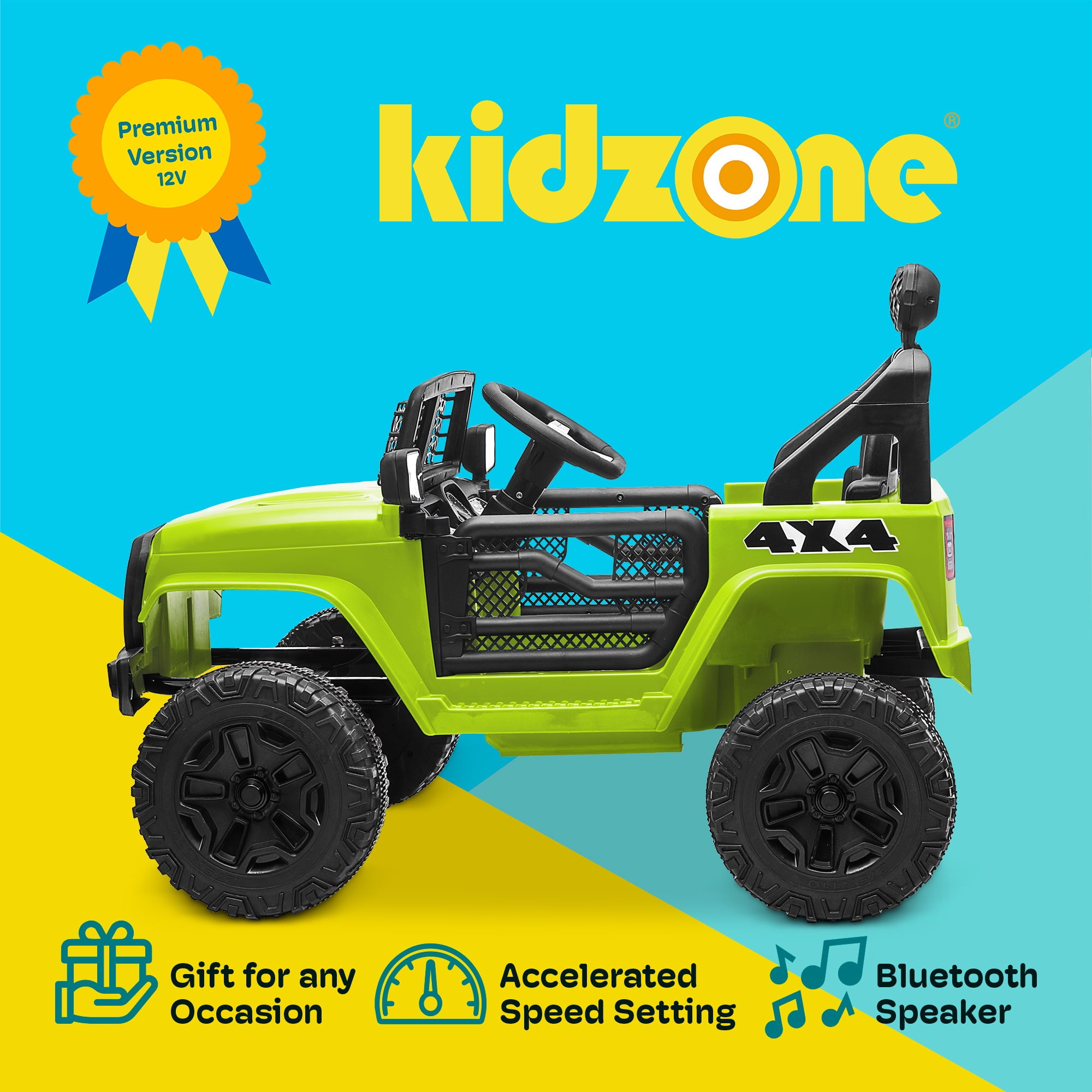 Kidzone 12V Battery Powered Electric Ride-on SUV Toy Vehicle for Boys & Girls, DIY License Plate, 4 Wheeler Quad Car, MP3, High Low Speeds, LED Lights, Bluetooth - Green