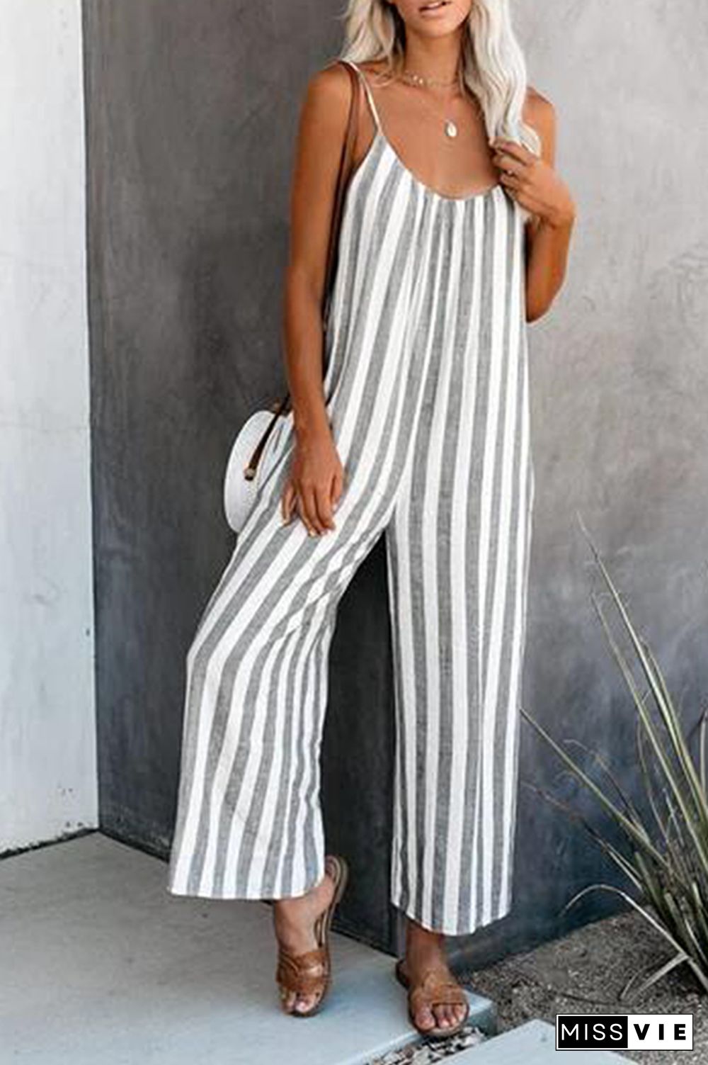 Casual Striped Split Joint Basic O Neck Jumpsuits