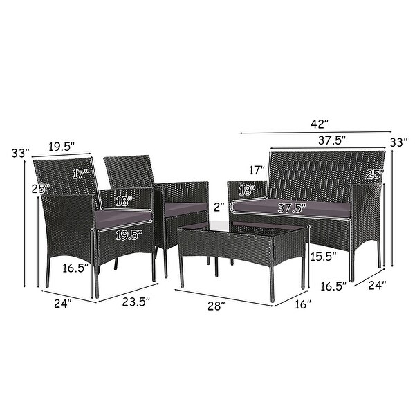 Gymax 4PCS Outdoor Furniture Set Patio Rattan Conversation Set w/ Grey