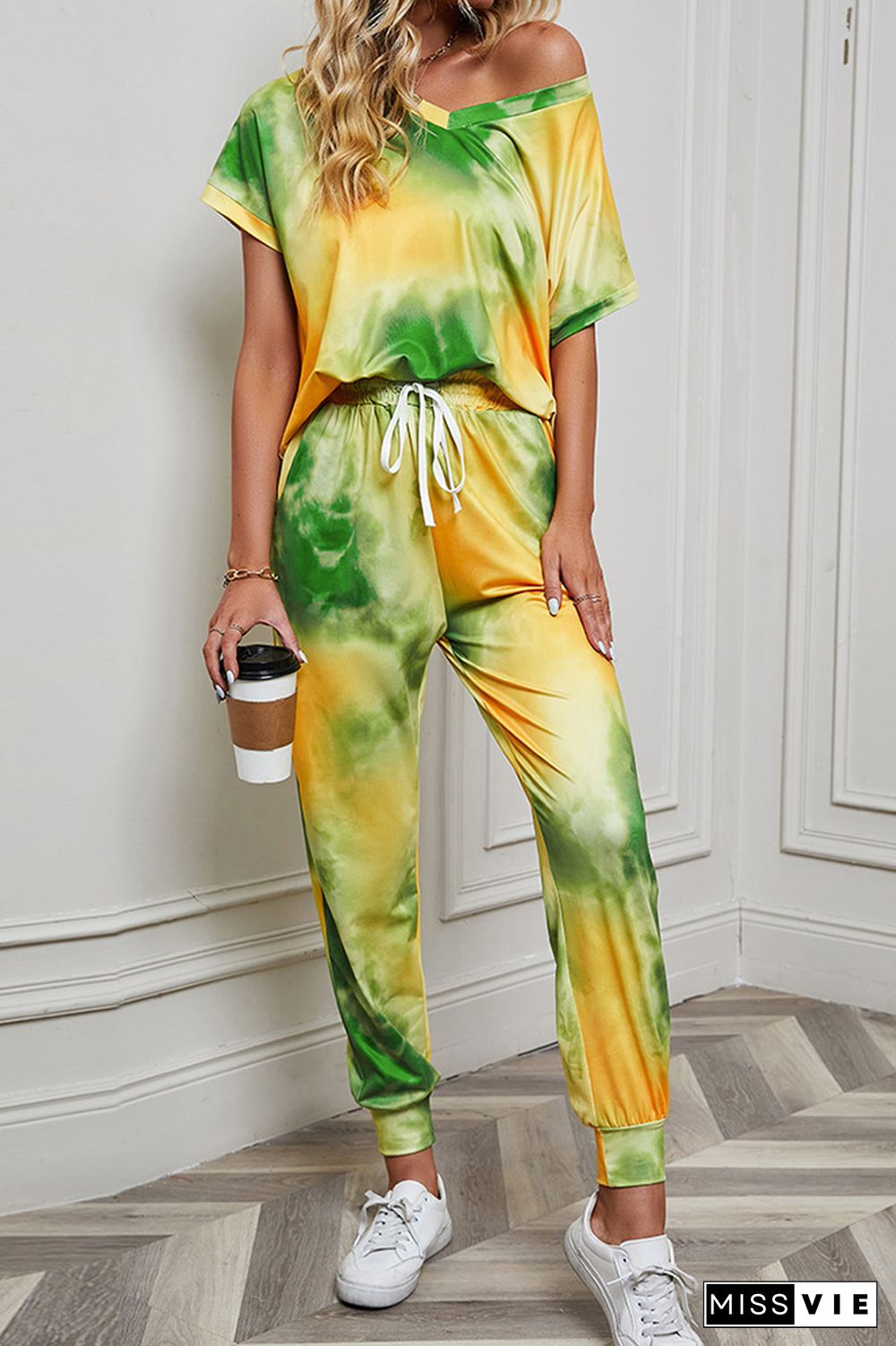 Tie Dye Short Sleeve Top and Drawstring Pants Two Pieces Set