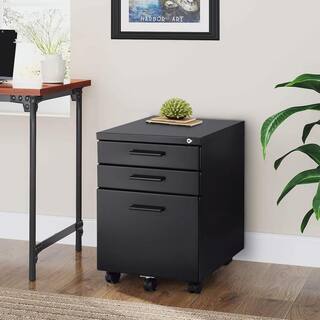 Benjara Black Contemporary Style File Cabinet with Lock System and Caster Support BM209615