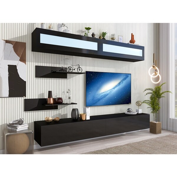 95''W High Gloss RGB LED Wall Mount Floating DIY TV Stand with Modular Assembly