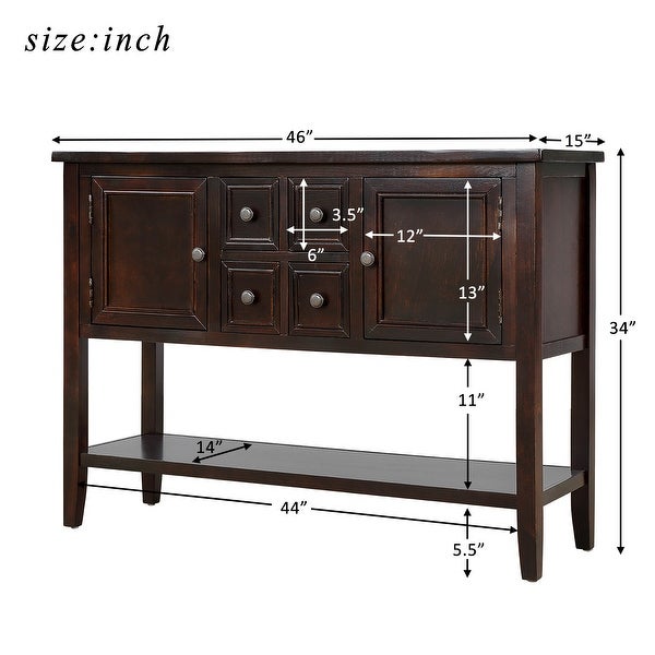 Wooden Console Table with 4 Storage Drawers and 2 Cabinets， Sofa Table with Bottom Shelf and Solid Wood Legs， Espresso