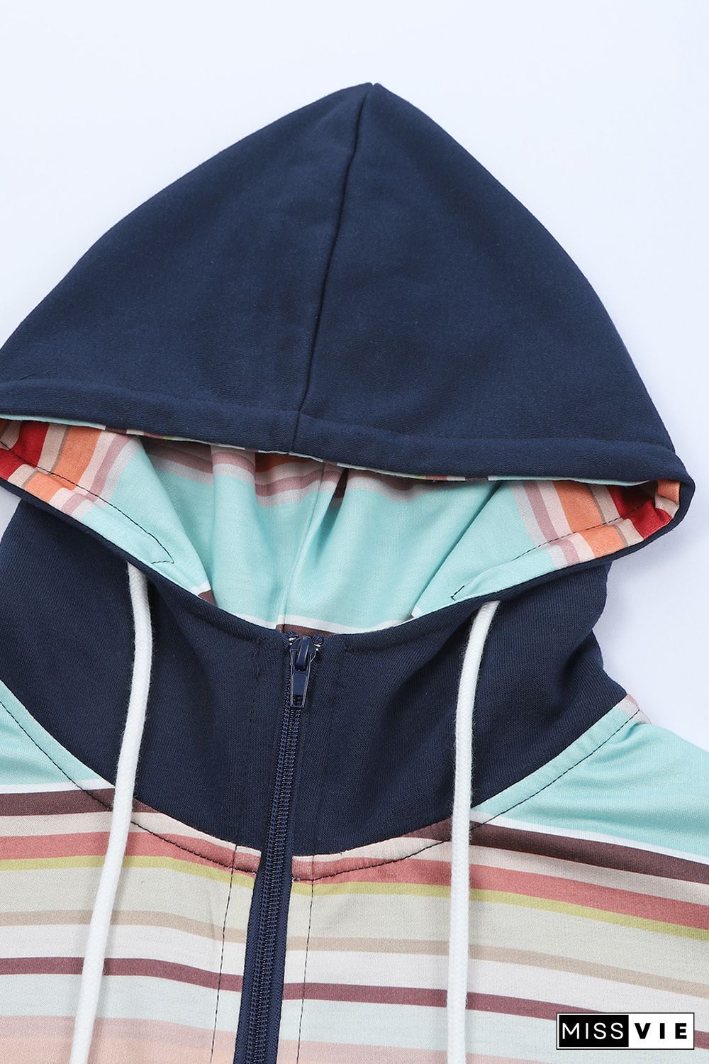 Blue Striped Color Block Thumbhole Sleeve Full Zip Hoodie