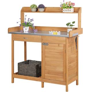 Yaheetech Outdoor Garden Potting Bench Table with Metal Tabletop Cabinet Drawer and Open Shelf DYqgk90001