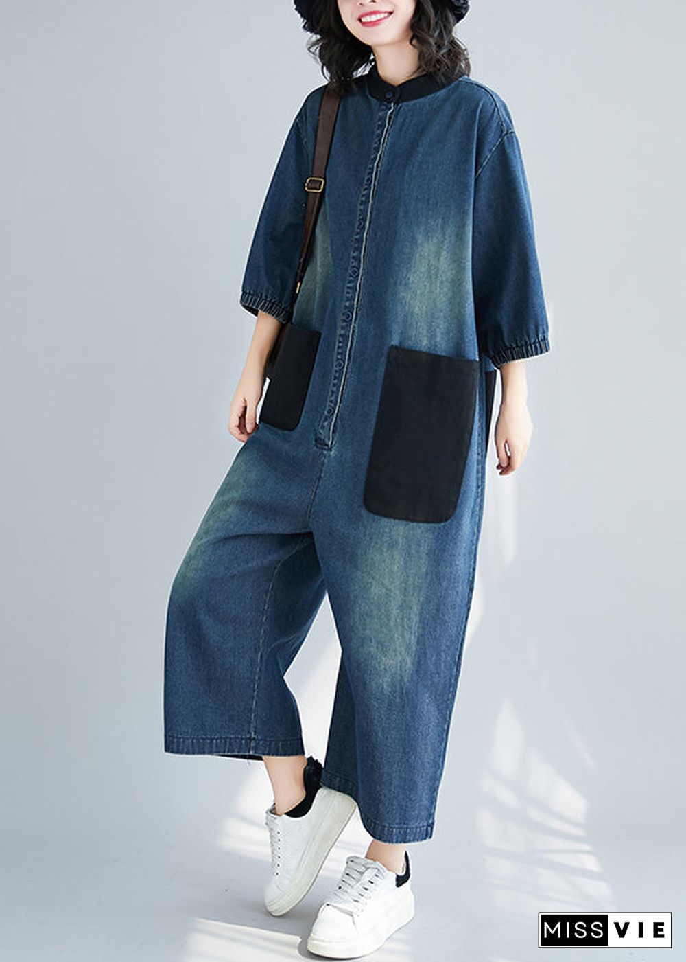 Style Blue Stand Collar Oversized Patchwork Pockets Denim Jumpsuits Summer