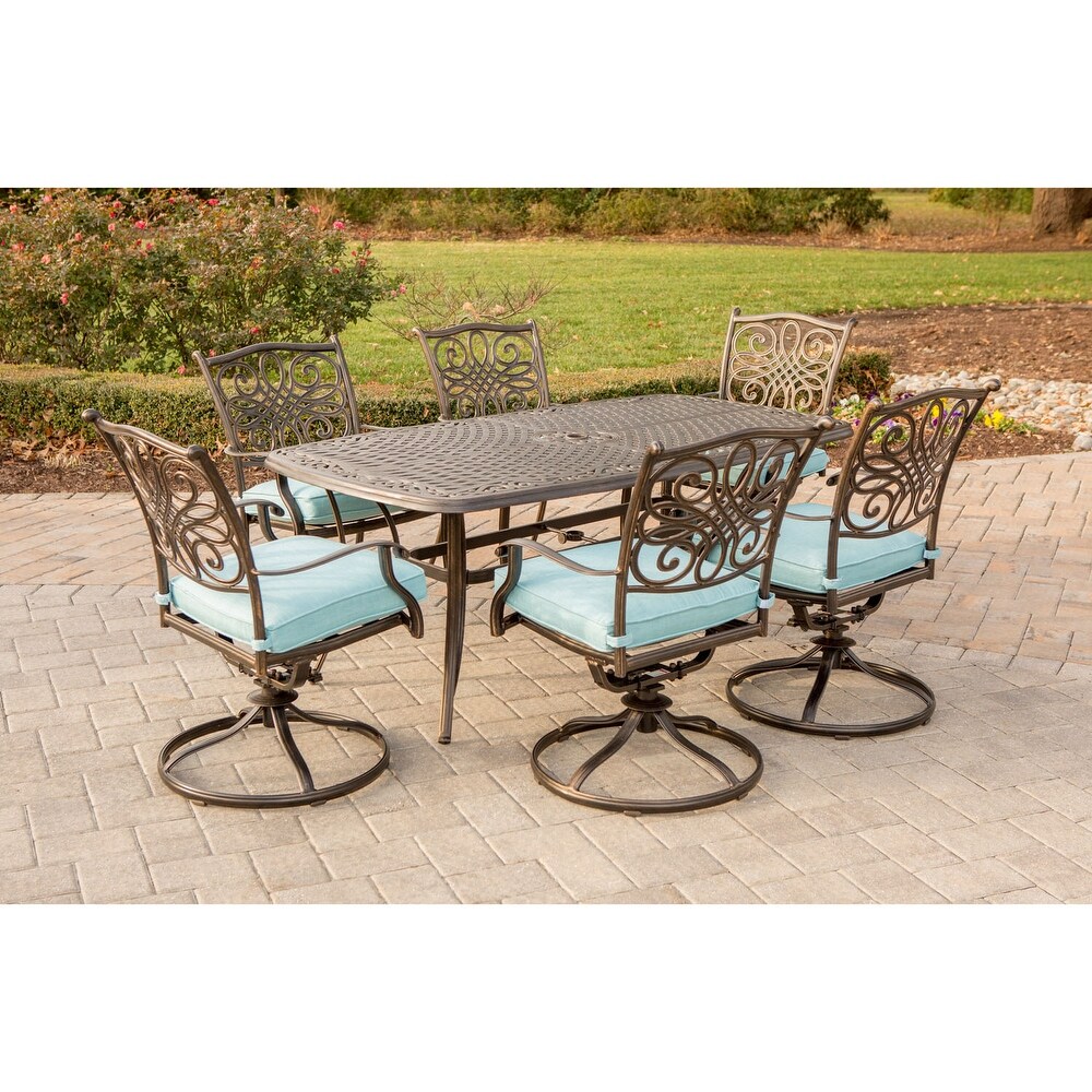 Hanover Traditions 7 pc. Bronze tone Aluminum Dining Set w/ Blue Cushions and Cast top Table