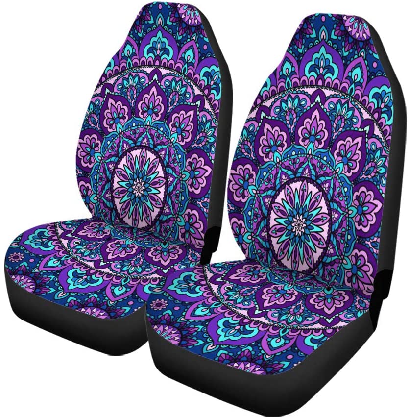 FMSHPON Set of 2 Car Seat Covers Colorful Abstract of Mandala Purple Pink Carpet Circle Universal Auto Front Seats Protector Fits for Car，SUV Sedan，Truck