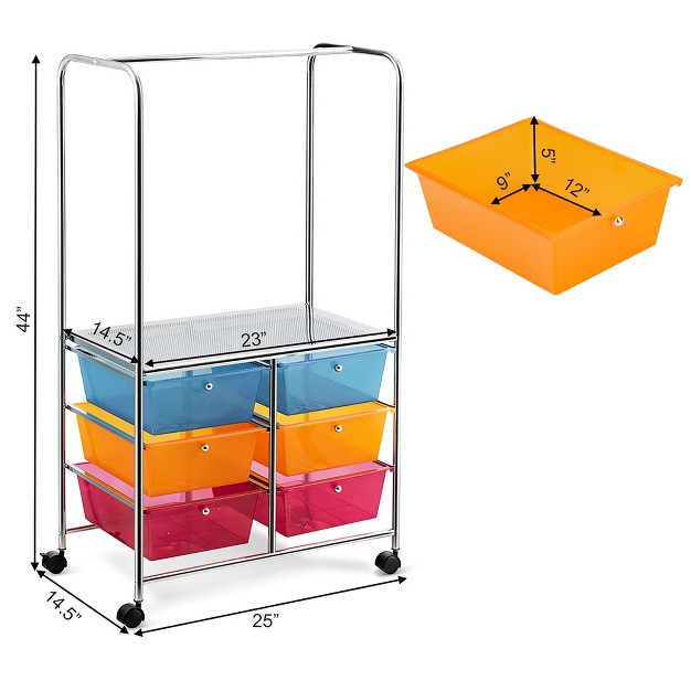 Costway 6 Drawer Rolling Storage Cart W hanging Bar Office School Organizer Yellow black white