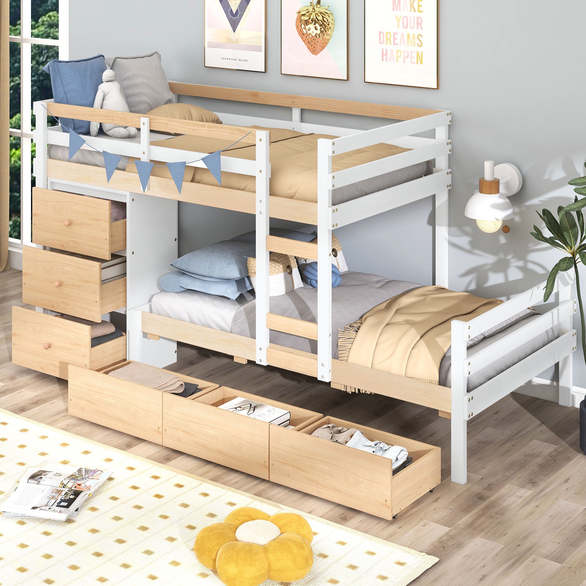 Twin over Twin Bunk Bed with Six Drawers for Kids Room, Natural