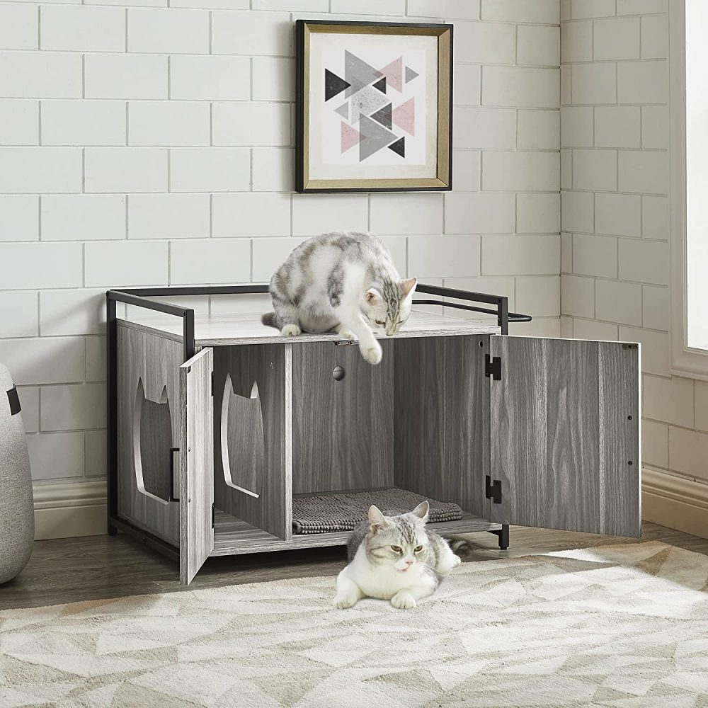 Penck Hidden Cat Litter Box Furniture with Ventilation and Bench Seat， Pet Crate with Iron and Wood Sturdy Structure ，grey color