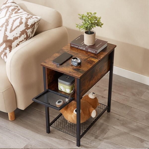 Set of 2 Flip Top Side Table with 1-Drawer and Steel Mesh Shelf ，Slim Sofa Table， Rustic Brown