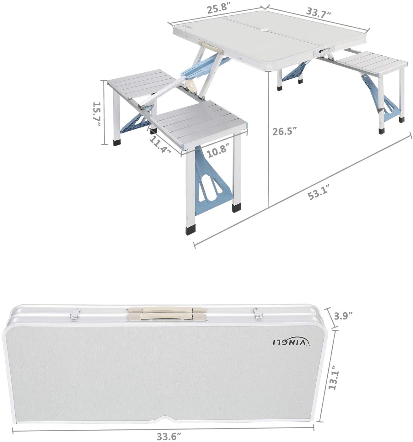 Folding Camping Picnic Table with 4 Seats with Patio Umbrella Hole， Portable Table Aluminum Alloy Frame with Soft Handle for Barbecue， Travel， Outing， Gathering