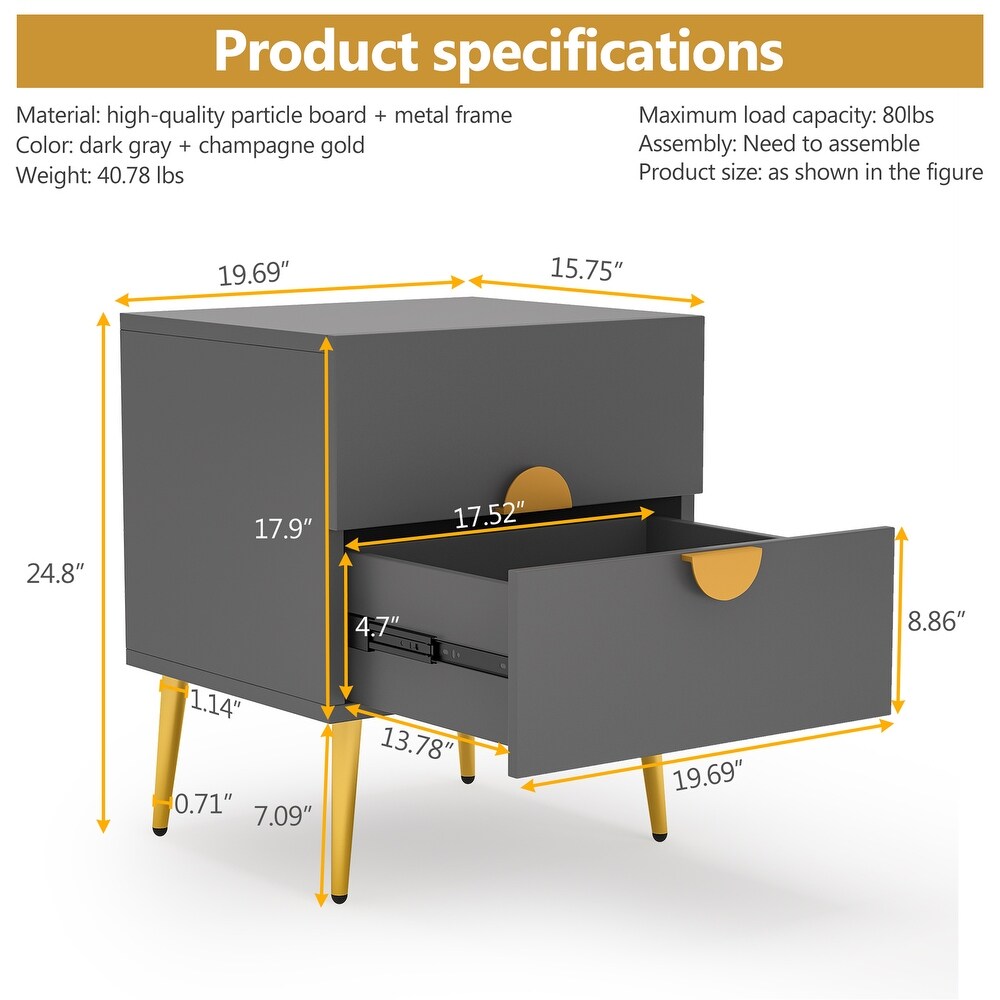 Dark Grey Wood Modern Nightstand with 2 Drawers  White/ Gold Mid century Contemporary Bedside Table with Storage