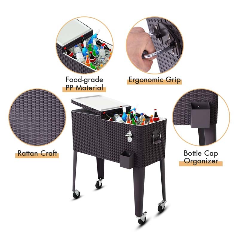 80 QT Rattan Outdoor Patio Rolling Beverage Wine Cooler Cart Portable Bar Cart with Bottle Opener & Cap Catcher