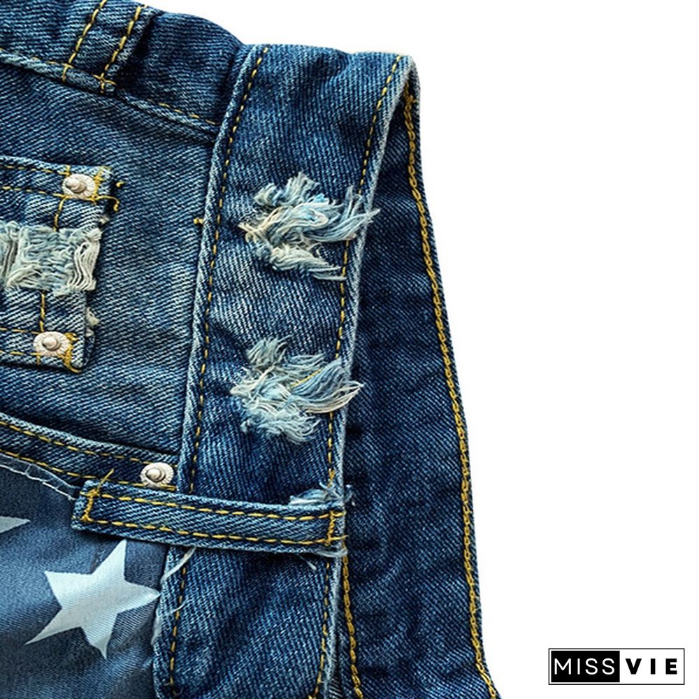 American flag print denim shorts women Fringed sexy ladies hot pants Star print jeans