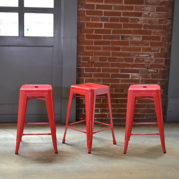 AmeriHome Loft Red 24 in. Metal Bar Stool - 3 Piece