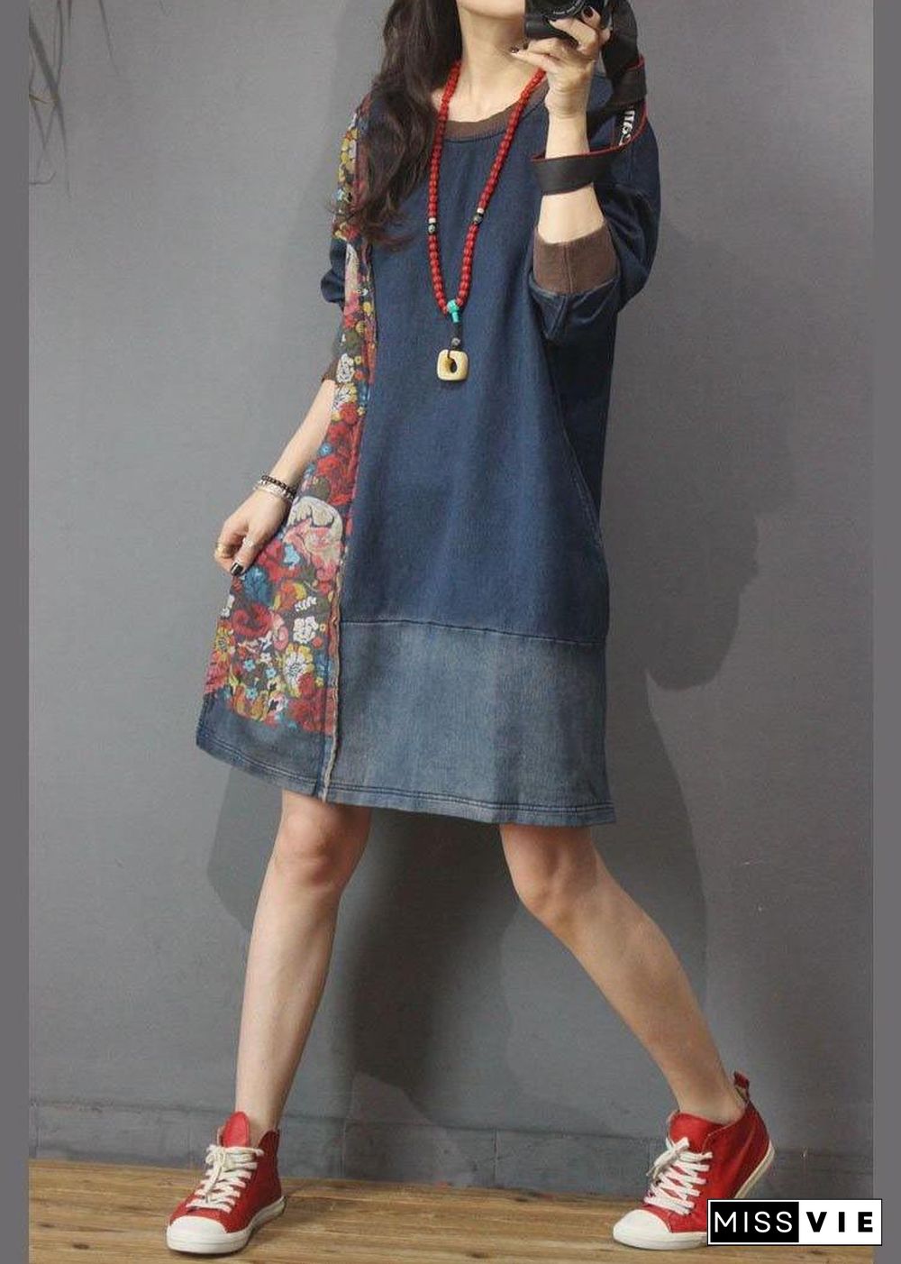 Women Denim Patchwork Cotton Dress Print Summer Long Dress