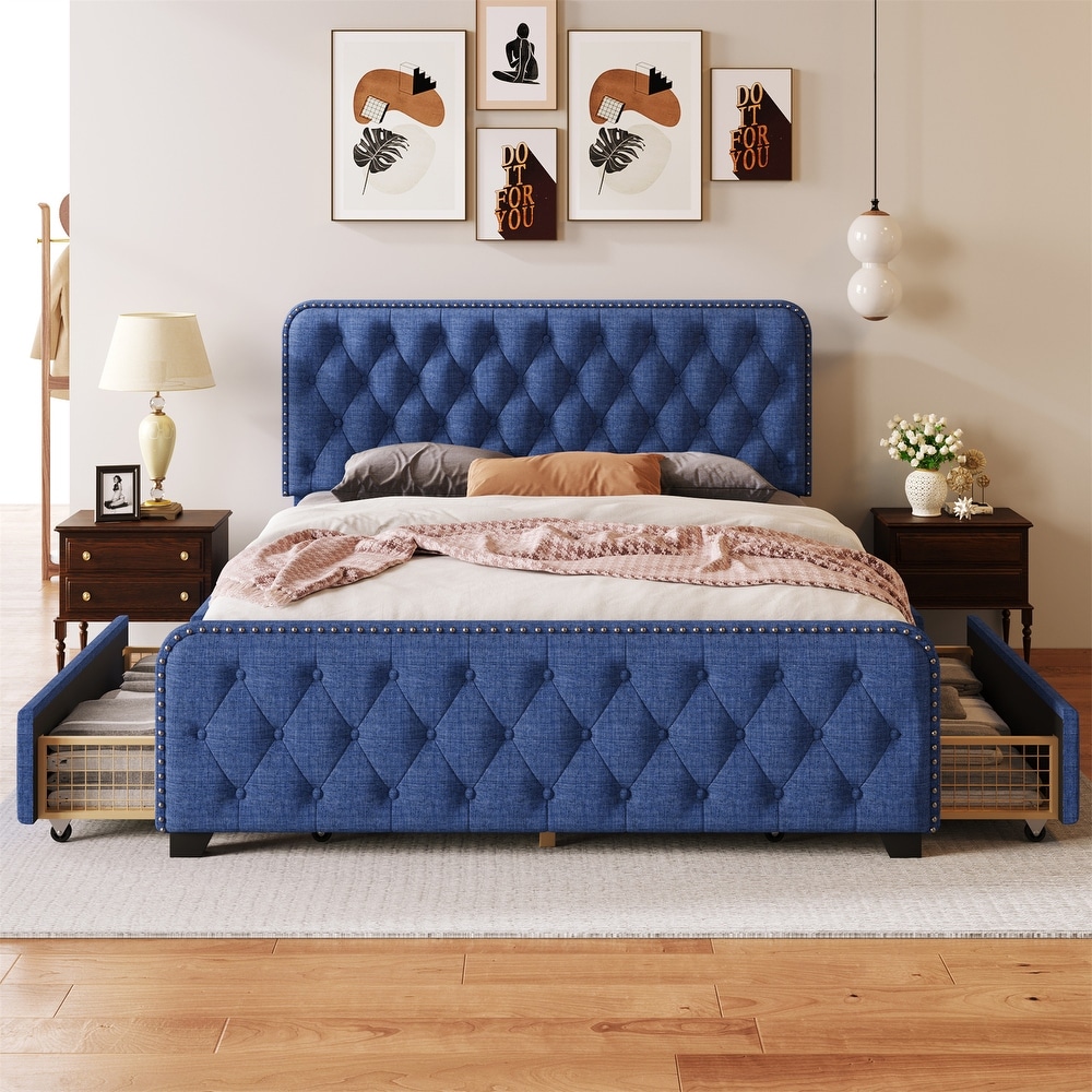 Full Upholstered Platform Bed Frame with Storage Drawers