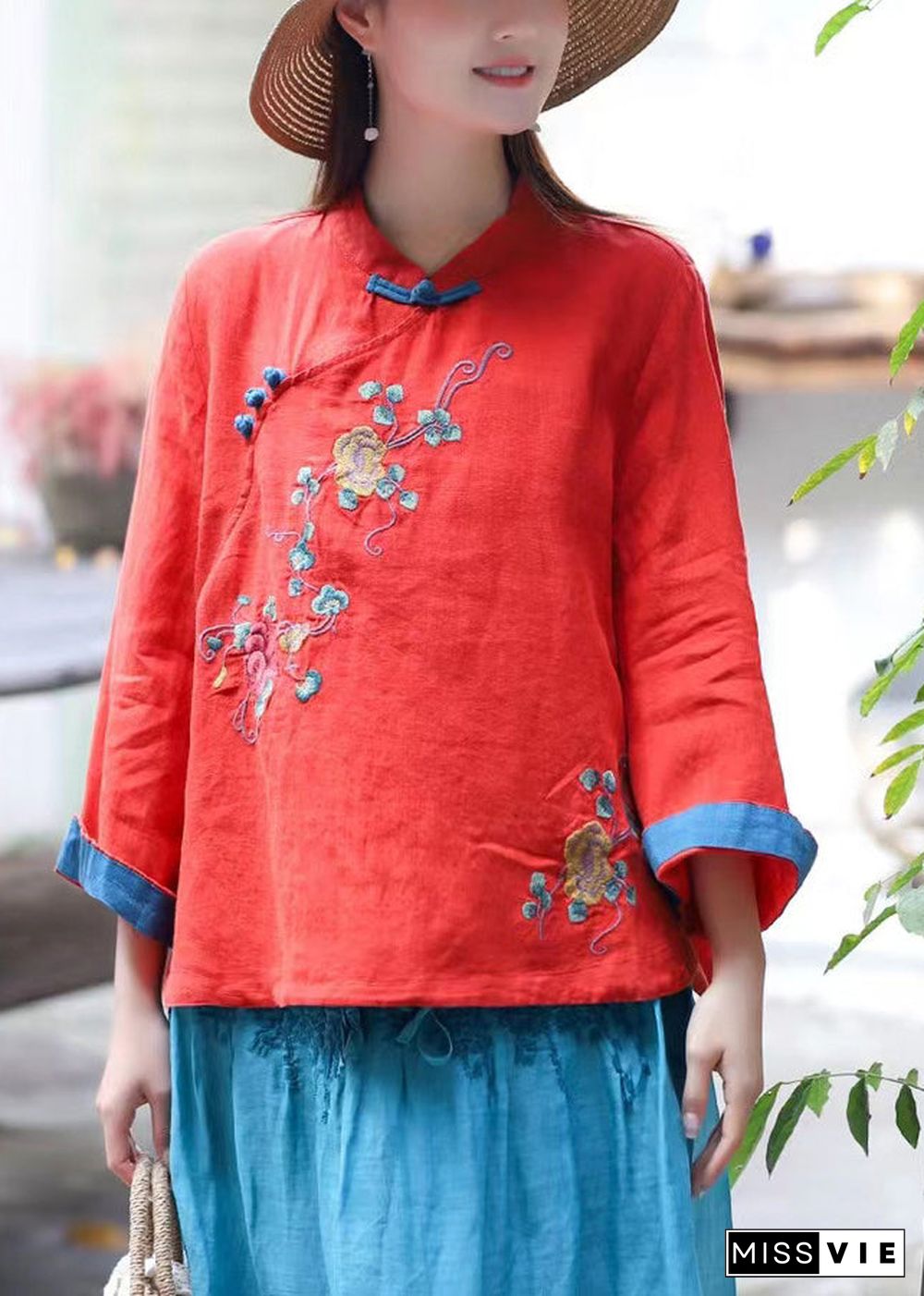 Chinese Style Blue Stand Collar Embroideried Linen Blouse Tops Long Sleeve