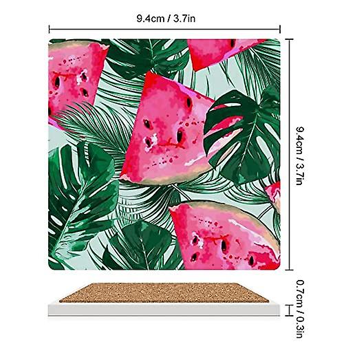 Colourlife Square Drink Coasters 2 Pcs Watermelons Tropical Palm Leaves Absorbent Ceramic Coffee Coasters For Drinks With Cork Base Housewarming Gift