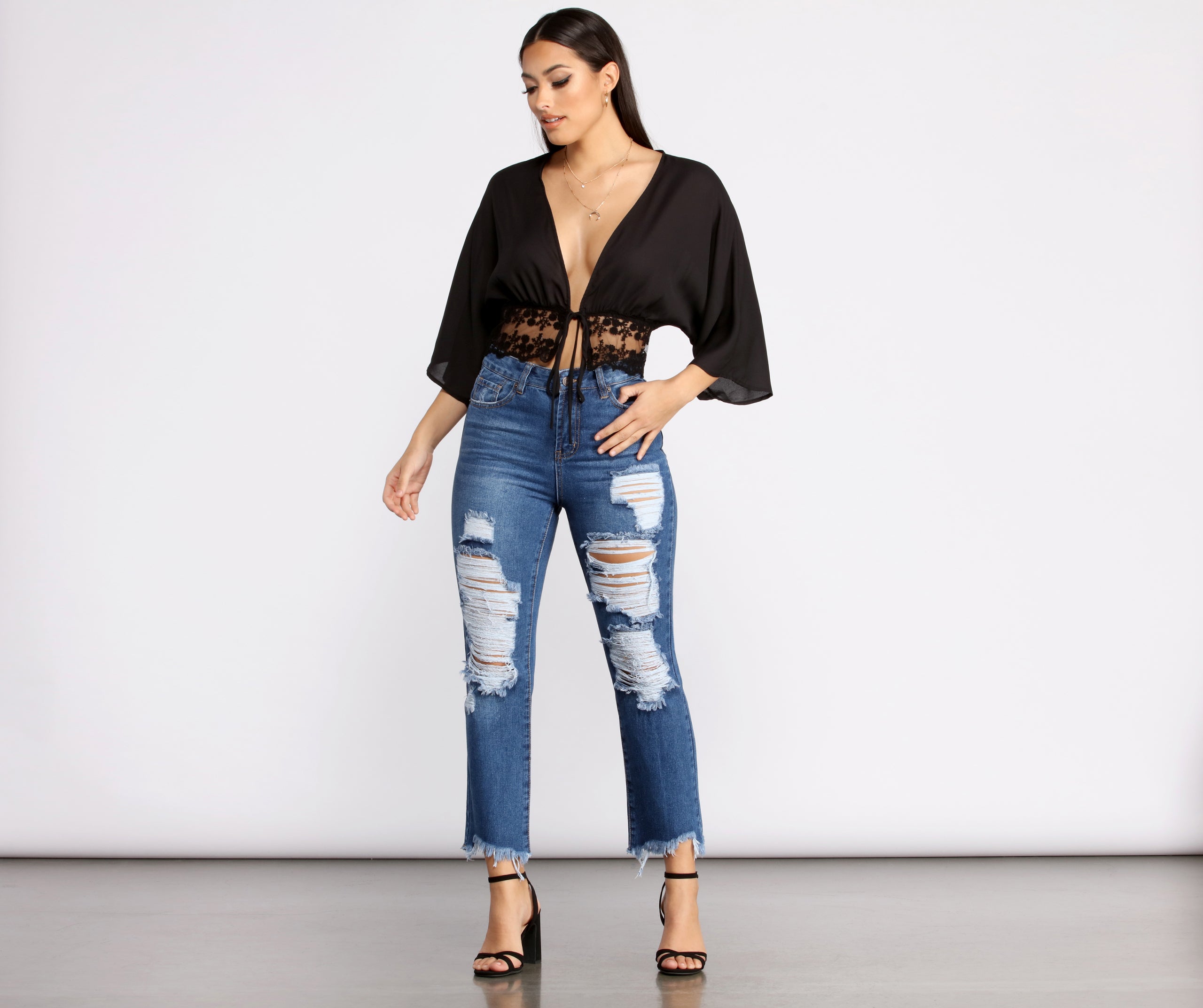 Effortless Vibes Lace Detail Tie Front Top