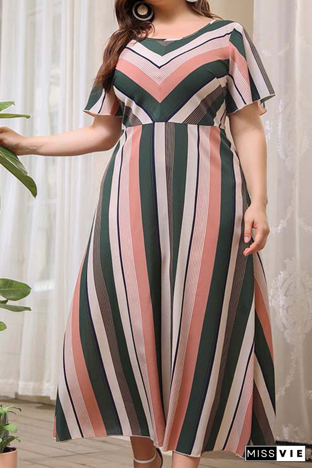 Stripe Print Plus Size Maxi Dress