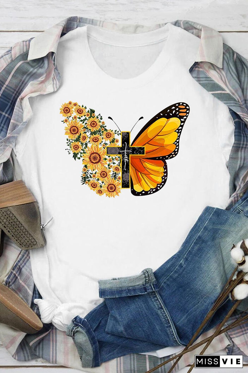 Butterfly Print Graphic Tees for Women Wholesale Short Sleeve T shirts Top