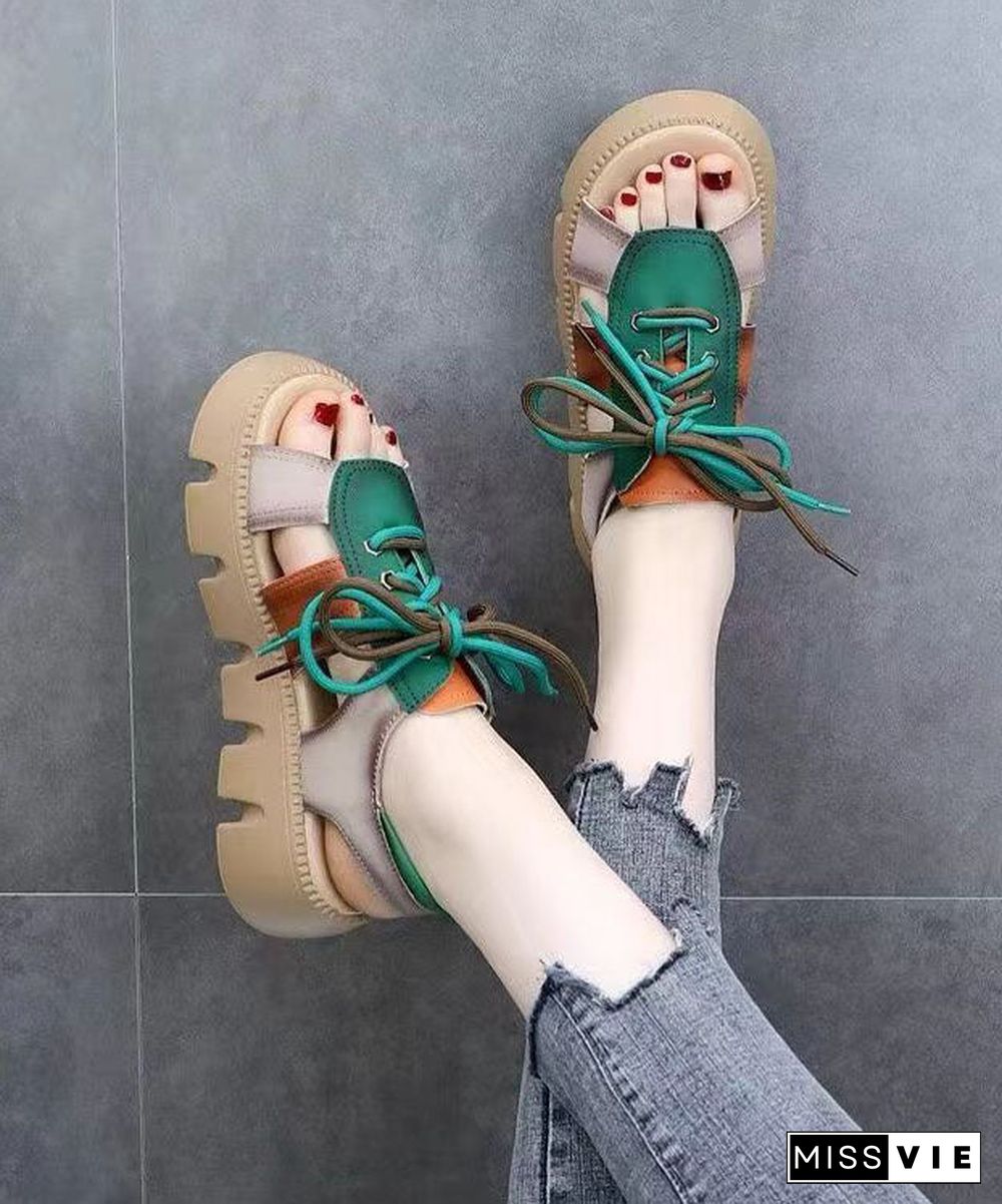 Colorblock Peep Toe Lace Up Splicing Casual Platform Sandals