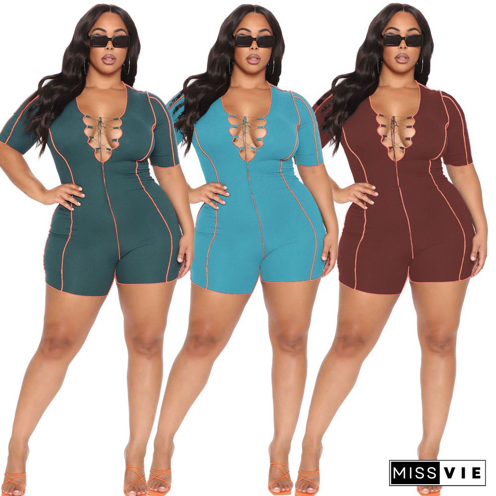 Summer Women Deep V-Neck Bandage Sexy Short Sleeve Plus Size Bodycon One Piece Romper