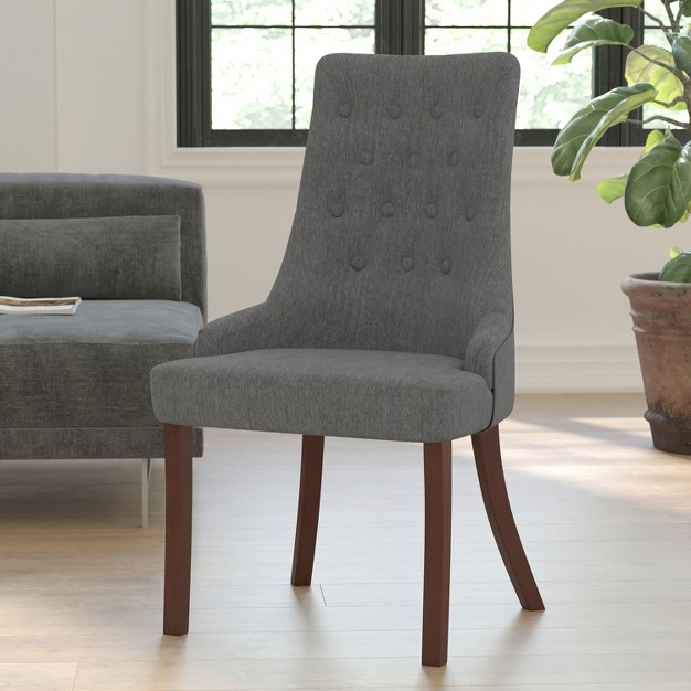 Emma And Oliver Gray Fabric Tufted Chair With Curved Mahogany Legs