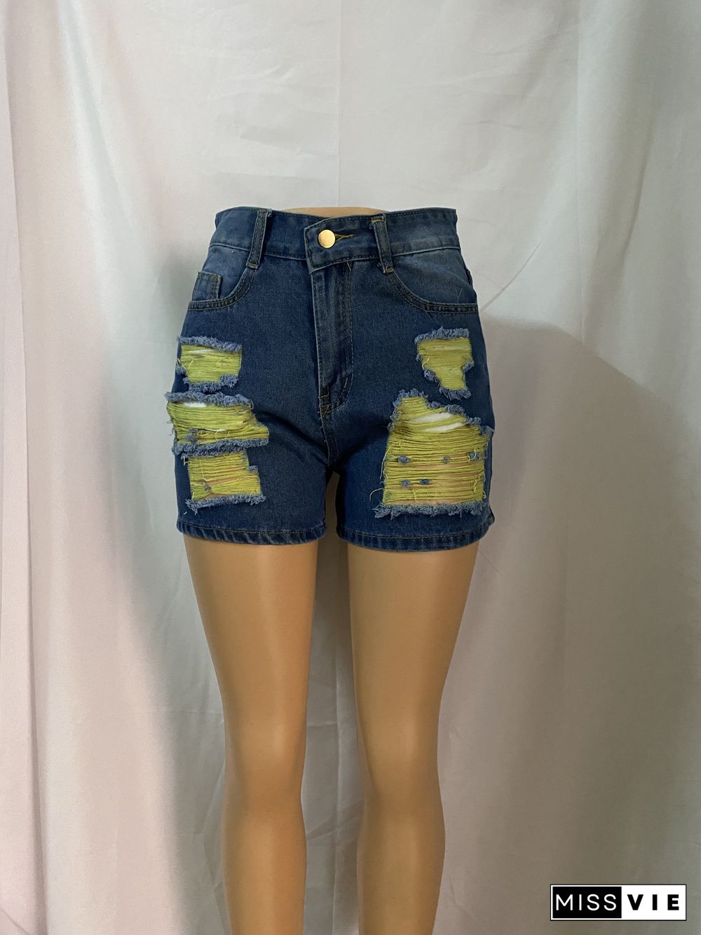 Women's Jeans Yellow Yarn Holes Shorts