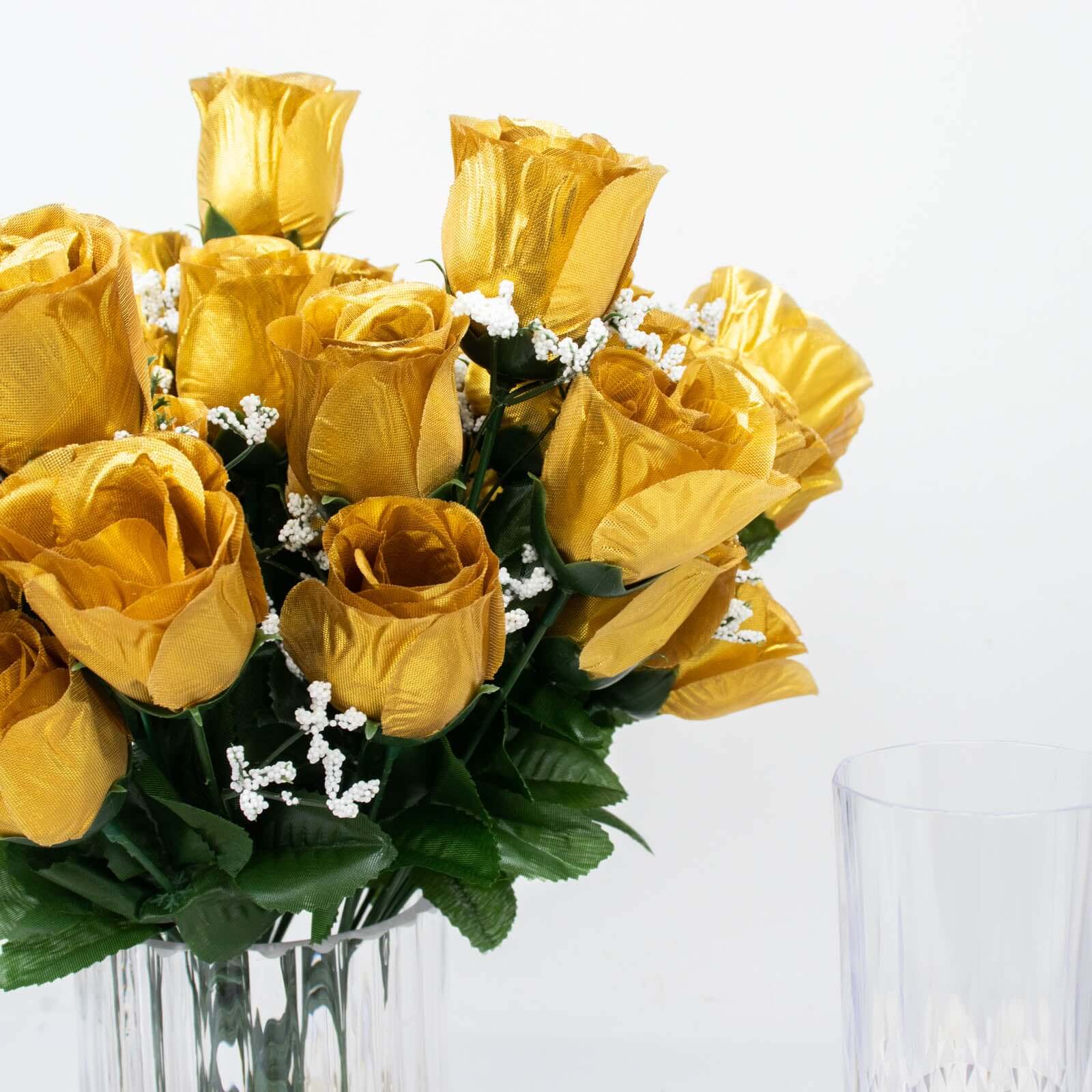 12 Bushes Gold Artificial Premium Silk Flower Rose Bud Bouquets