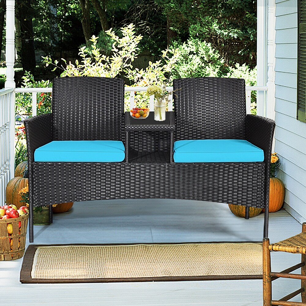 Gymax Rattan Wicker Patio Conversation Set w/ Table Turquoise Cushion   54.5'' x 24'' x 33.5'' (L x W x H)