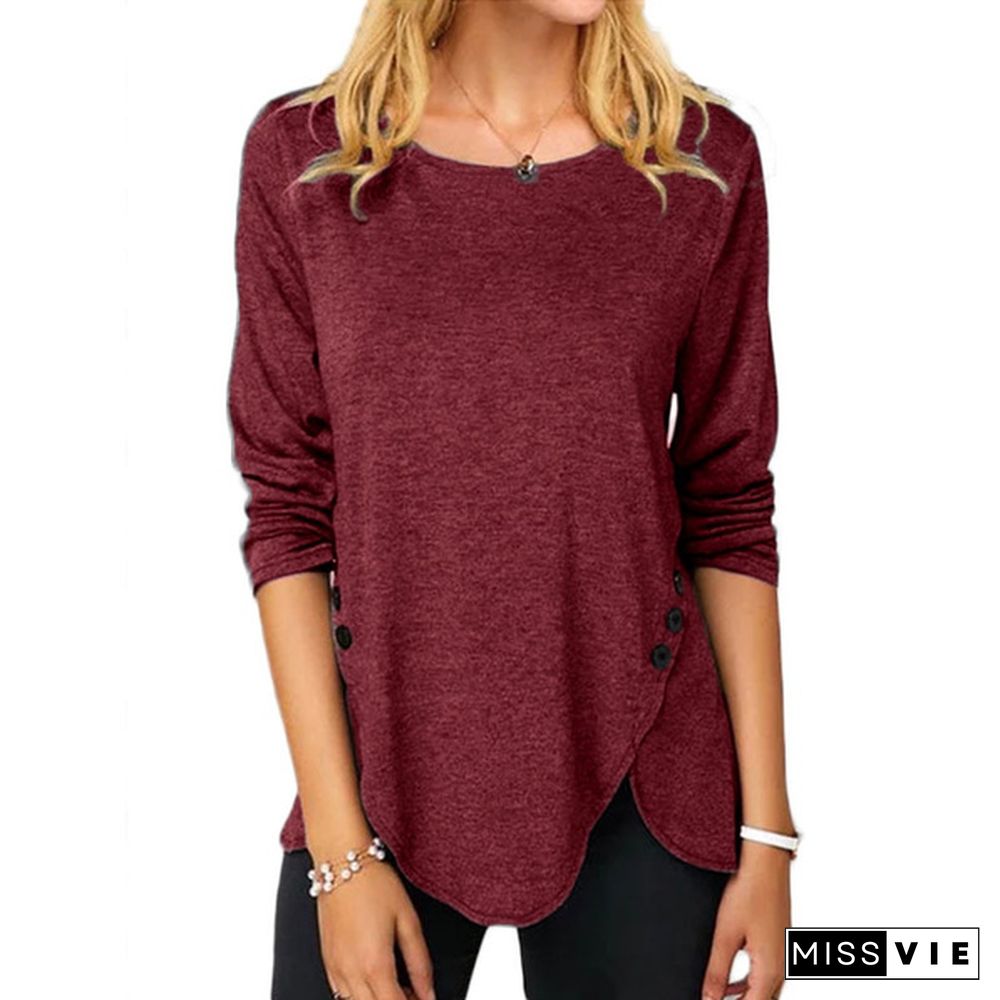 XS-8XL Fashion Clothes Autumn and Winter Tops Women's Causal Solid Color Irregular Shirts Round Neck Button Stitching Loose Blouses Ladies Plus Size Pullover Sweatshirts Long Sleeve Cotton T-shirts