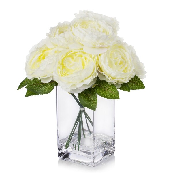 Enova Home Artificail Silk Peony Fake Flowers Arrangement in Clear Glass Vase with Faux Water for Home Office Decoration