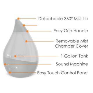 Crane 1 Gal. Top Fill Drop Cool Mist Humidifier with Sound Machine for Medium to Large Rooms up to 500 sq. ft. - Grey EE-5306GR