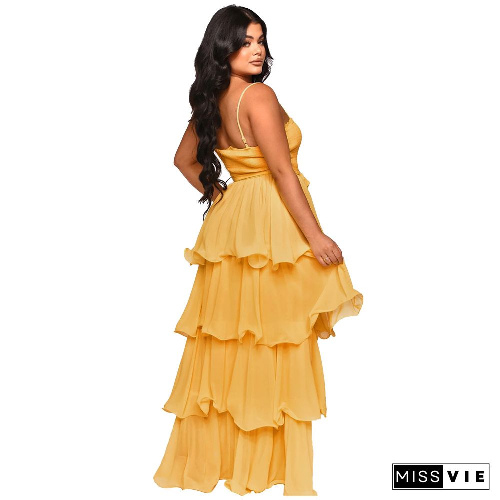 Pre-sale Solid Color Chiffon Layer Ruffle Maxi Dresses