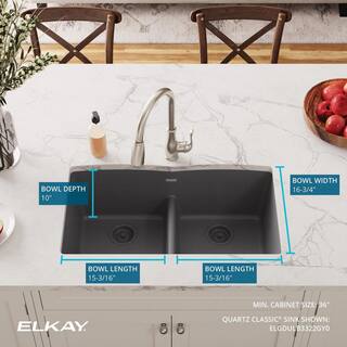 Elkay Quartz Classic Dusk Gray Quartz 33 in. Equal Double Bowl Undermount Kitchen Sink with Aqua Divide ELGDULB3322GY0