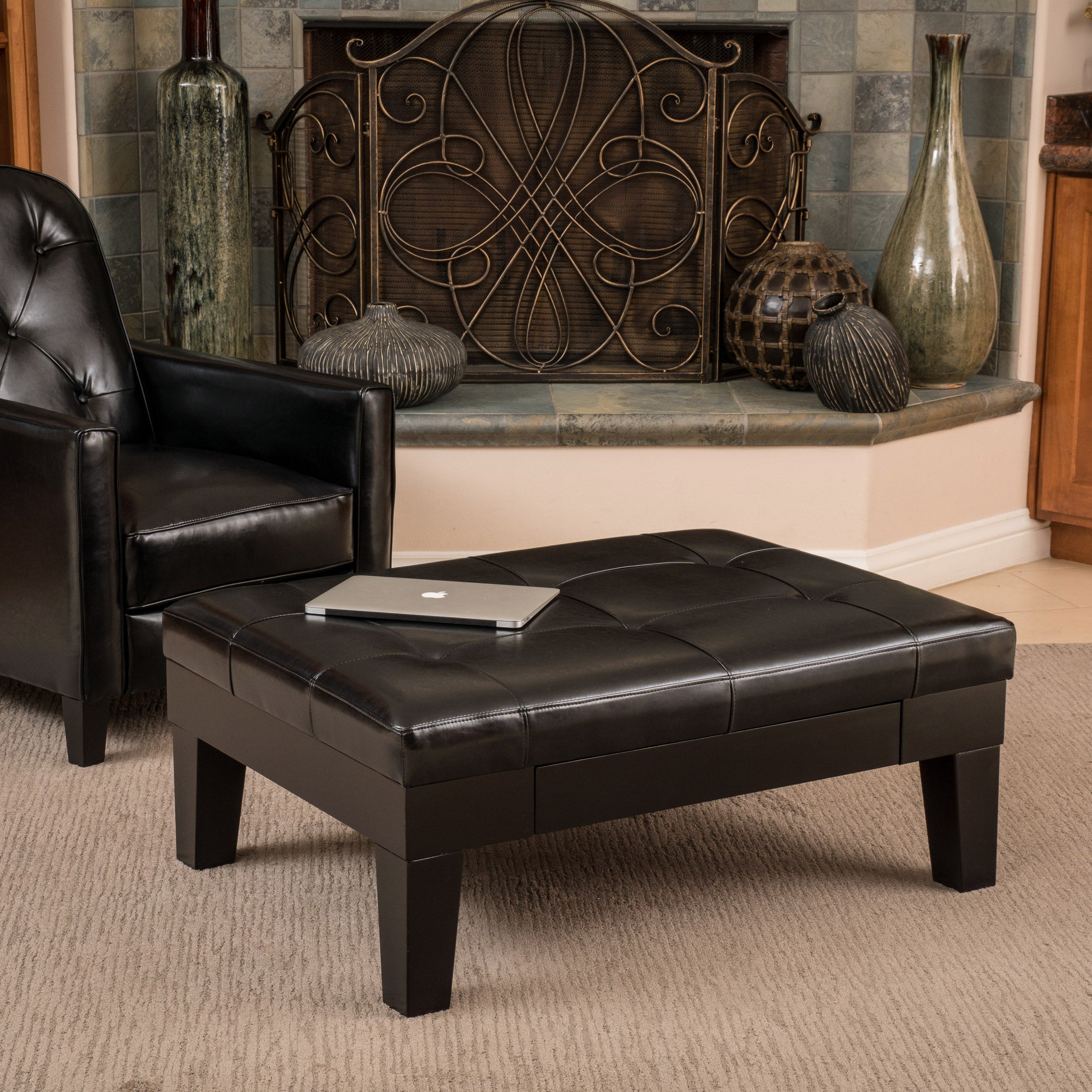 Tucson Contemporary Tufted Leather Storage Ottoman Table with Drawer