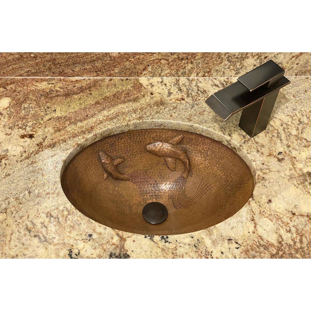 Premier Copper Products 19 in. Oval Under Counter Hammered Copper Bathroom Sink with Koi Fish Design in Copper LO19FKOIDB