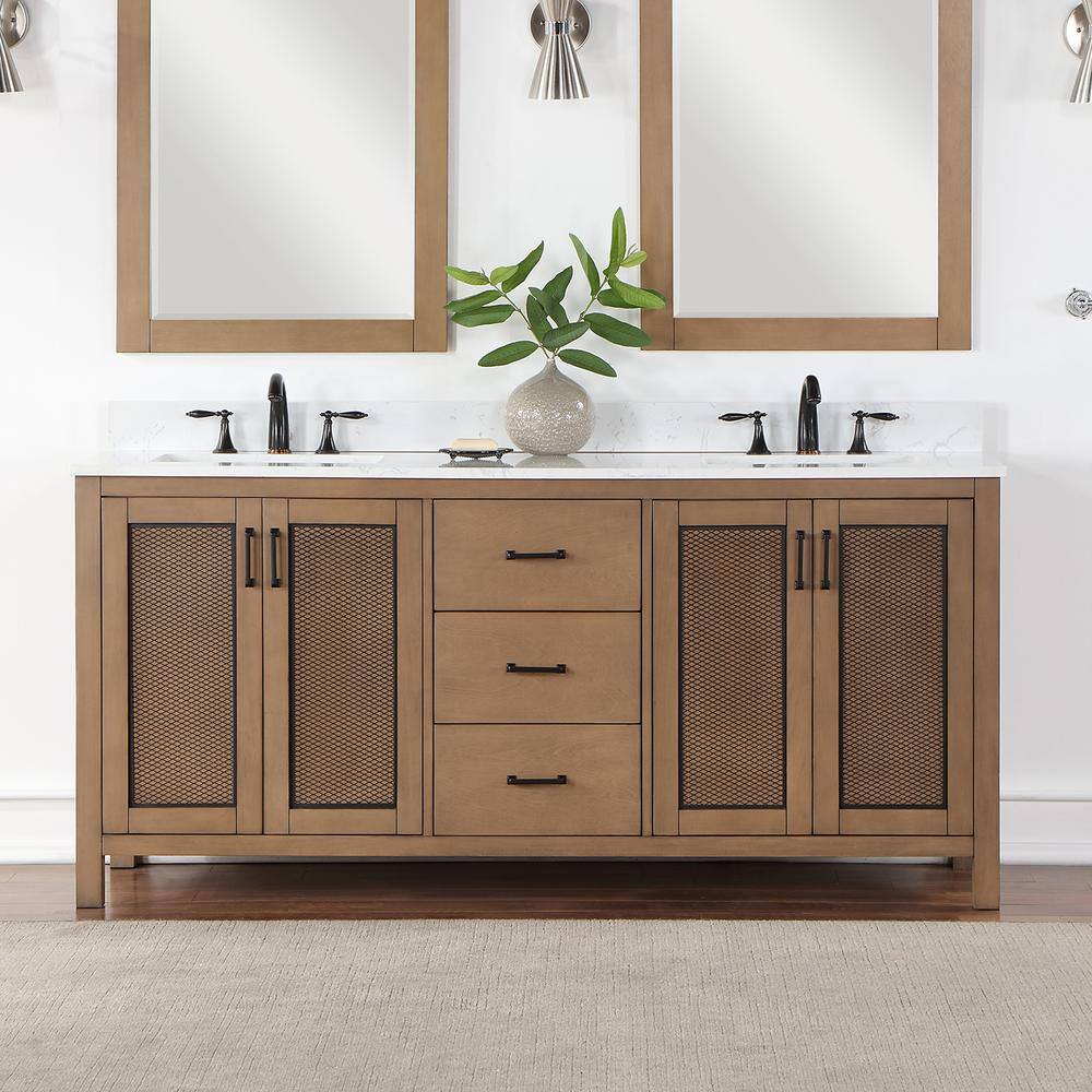 Altair Hadiya 72 in. W x 22 in. D x 34 in. H Bath Vanity in Brown Pine with Carrara White Composite Stone Top 542072-BR-AW-NM