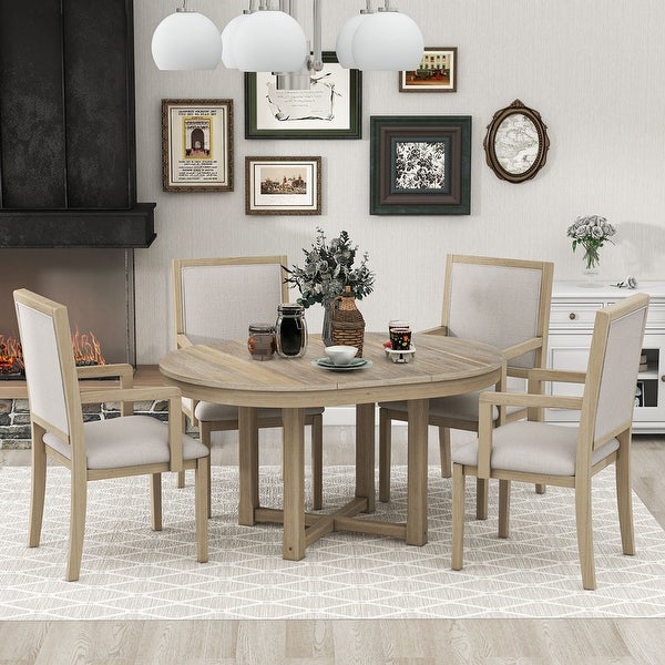 5 piece furniture set， round to oval expandable butterfly leaf dining table and 4 upholstered chairs with armrests， 5 pieces