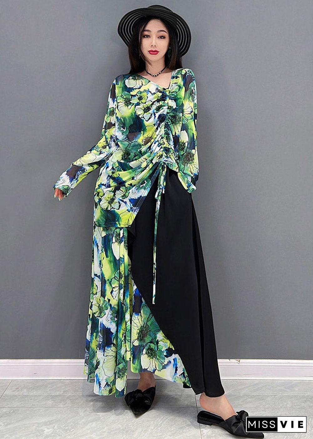 Natural Green V Neck Print Top And Maxi Skirts Two Pieces Set Summer