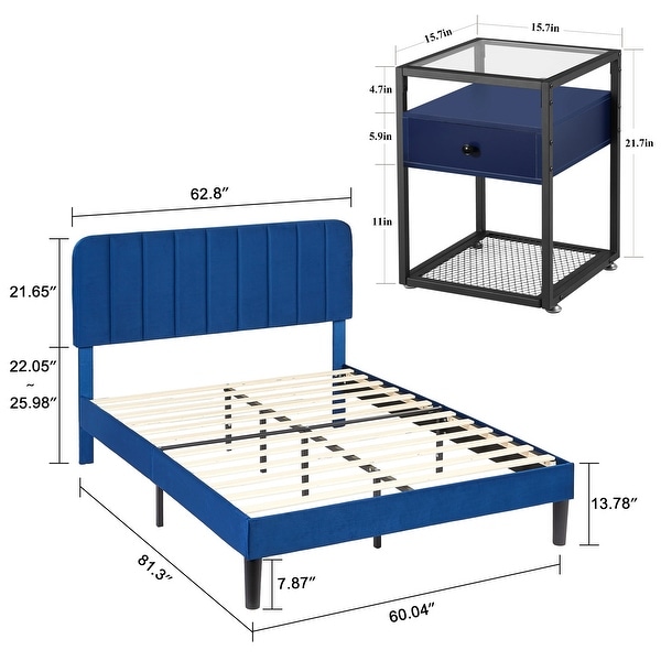 Javlergo 3-Piece Modern Bedroom Set with Upholstered Bed Frame and 2 Nightstand， Blue - - 37904706