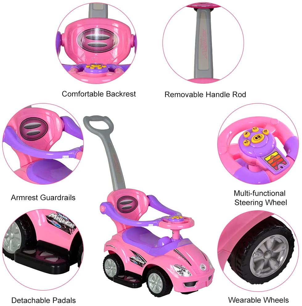 ChromeWheels 3 in 1 Ride on Toys Pushing Car with Guardrail Pink