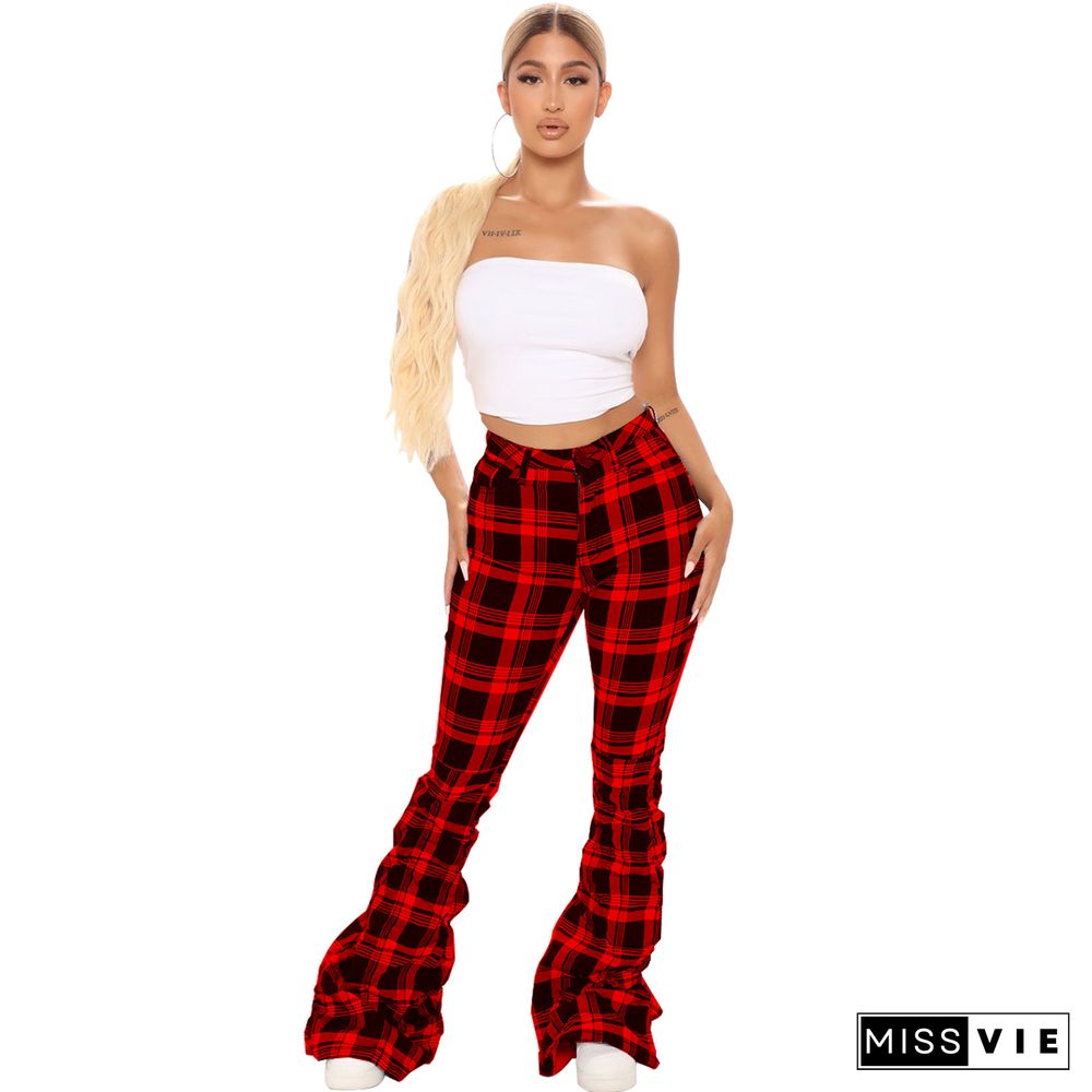 Autumn And Winter Retro Plaid Folded Flared Pants