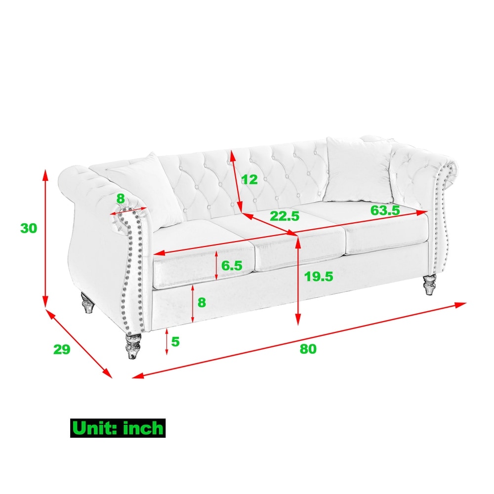 Velvet Chesterfield Sofa Set with Nailhead Trim and Tufted Low Back (Includes Pillows  3 Seater + Loveseat)